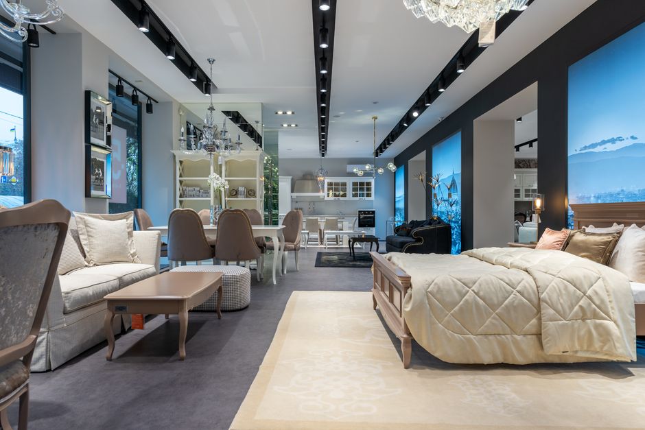 Modern furniture showroom with luxury lighting
